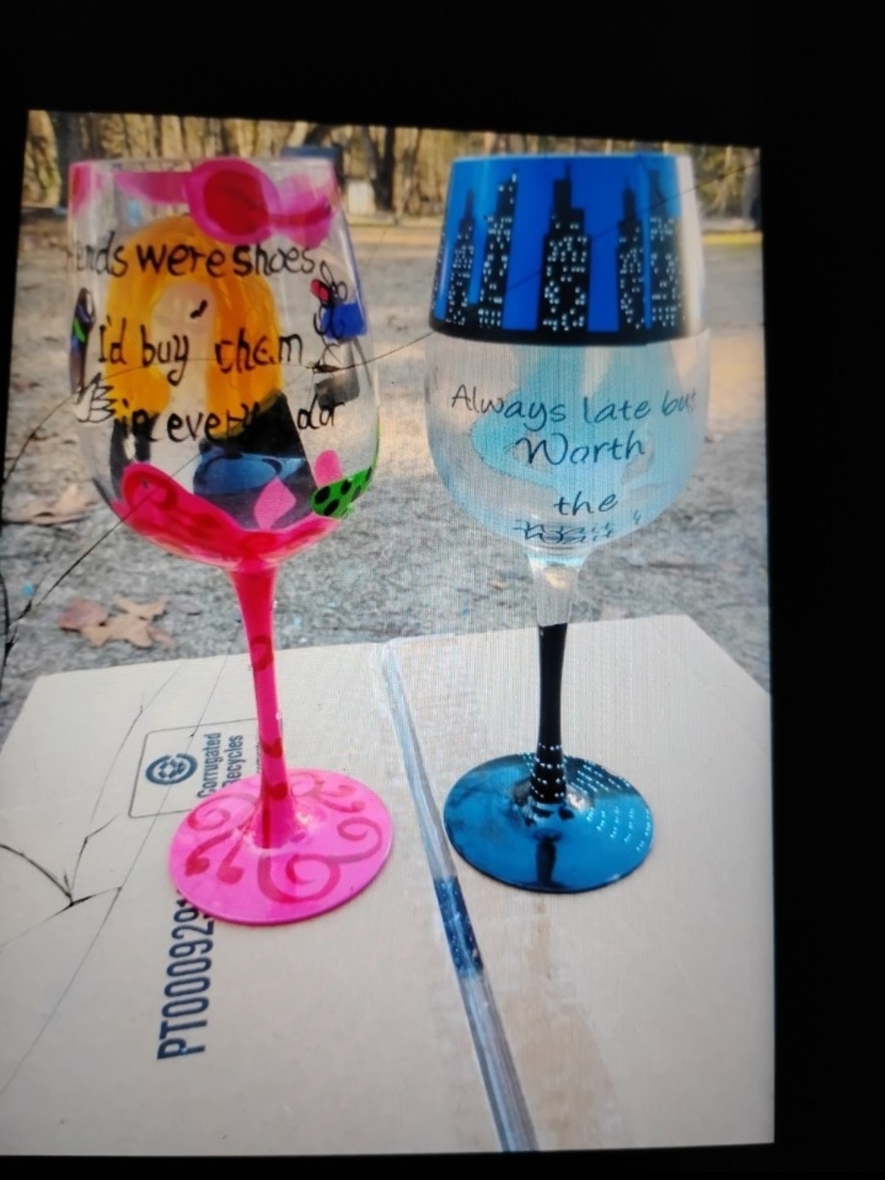 Hand-Painted Pink and Blue Wine Glasses - Set of 2